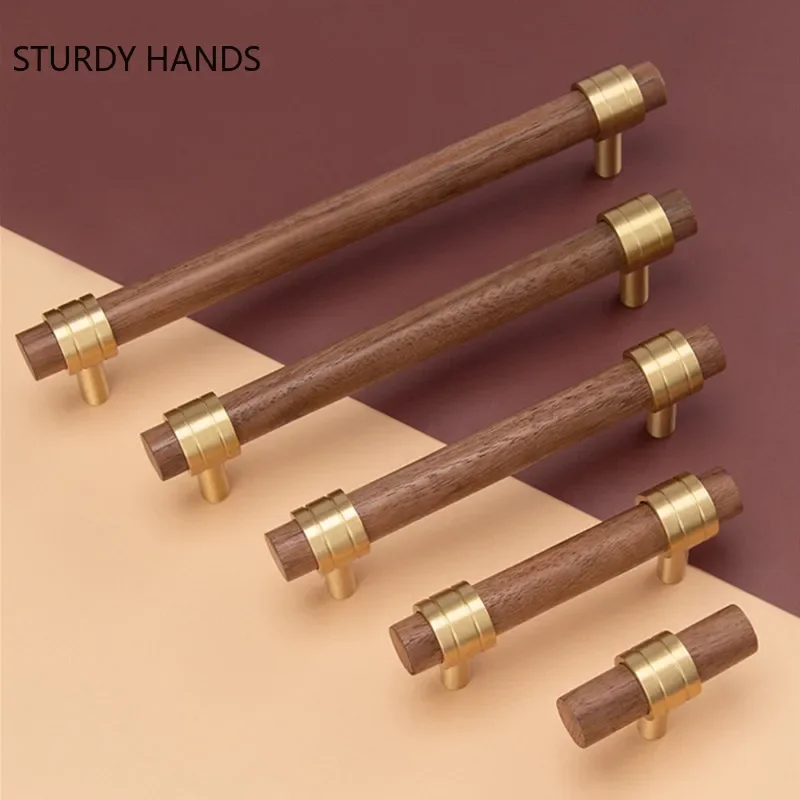 

Chinese Walnut Handle Wardrobe Door Knob Desk Drawer Pulls Original Wood Long Strip Pure Copper Handles Kitchen Cabinet Knobs