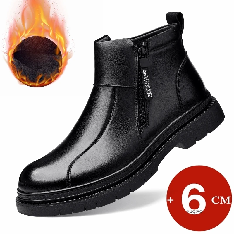 

6CM Height Increase Shoes for Men Genuine Leather Winter Snow Boots with Wool Fleece Lining Side Zipper Warm Ankle Boots