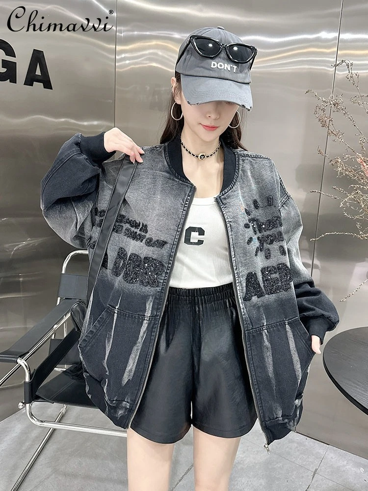 

American Retro Denim Jacket for Women Loose Heavy Fashion Washed and Distressed Long Sleeve Streetwear Coat Top 2025 Autumn