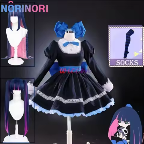 Anime Panty &amp; Stocking with Garterbelt Younger Sister Anarchy Stocking Cosplay Costume Gothic Maid Lolita Dress Wig Long Socks