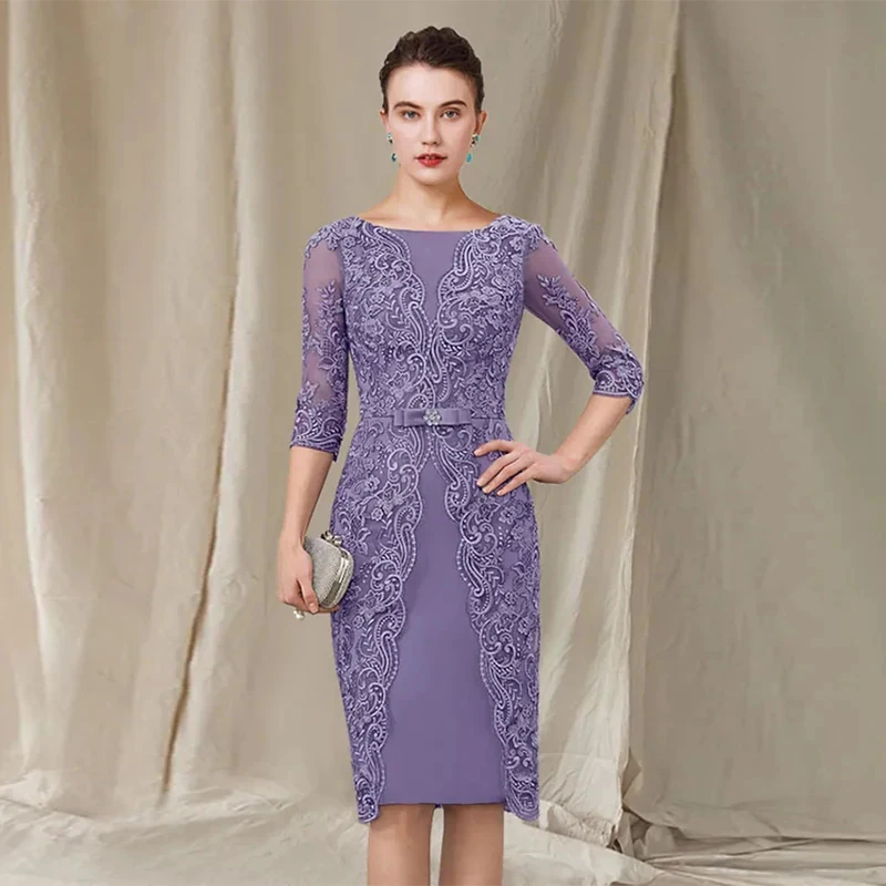 MCDV Lavender Mother of The Bride Dress Customized Scoop Half Sleeves Lace Knee Length Wedding Guest Gown for Women