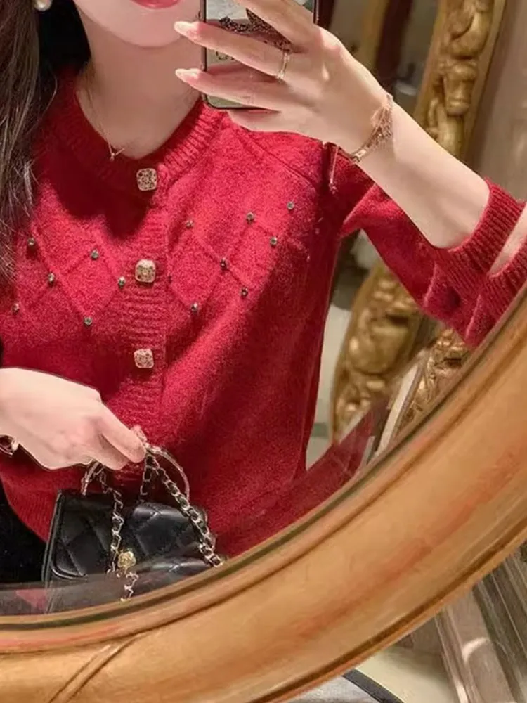 

Comfortable Knitted Long Sve round Ne Sweater with Button Design Casual Faion Outerwear Cardigan Single Button Diamond...