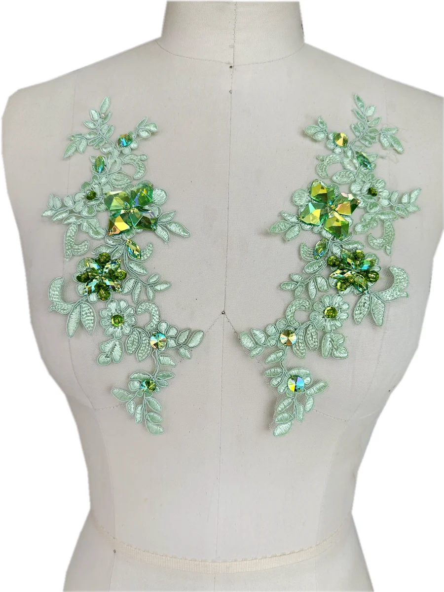 Light Green Appliqued Beading Diamond Apparel Decoration Dress Fabric Luxury Handmade Sequin Rhinestone Material