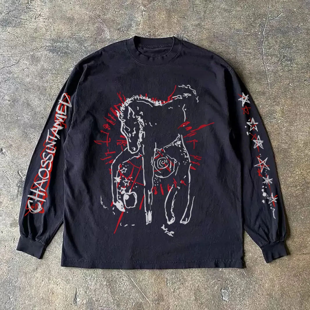 Heavyweight 310g Pure Cotton Long Sleeve T-Shirt American Retro Oversize Streetwear Versatile Miao Xiu Story T-Shirt
