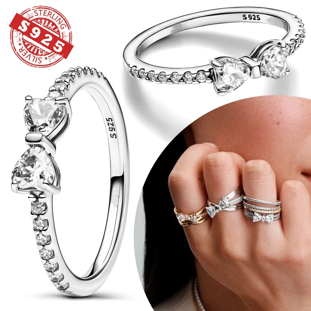 2024 New 925 Silver Ring Zircon Shining Bow Ring Original S925 Finger wedding Ring DIY Women Fine Jewelry Gift