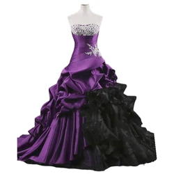 Gothic Black And Purple Wedding Dress Ruched Satin Organza Long Princess Bridal Gowns Lace Appliqued Sleeveless Customized Robe