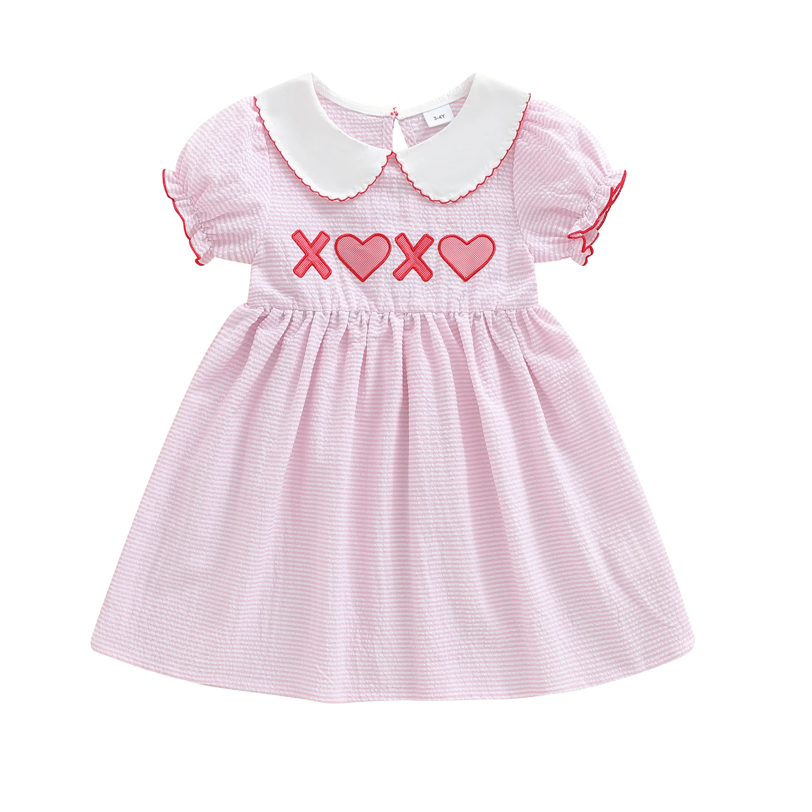 

Платье на День Святого Валентина для маленьких девочек, свободное платье трапециевидной формы с вышивкой в виде сердца, полосатое платье с кукольным воротником и короткими рукавами