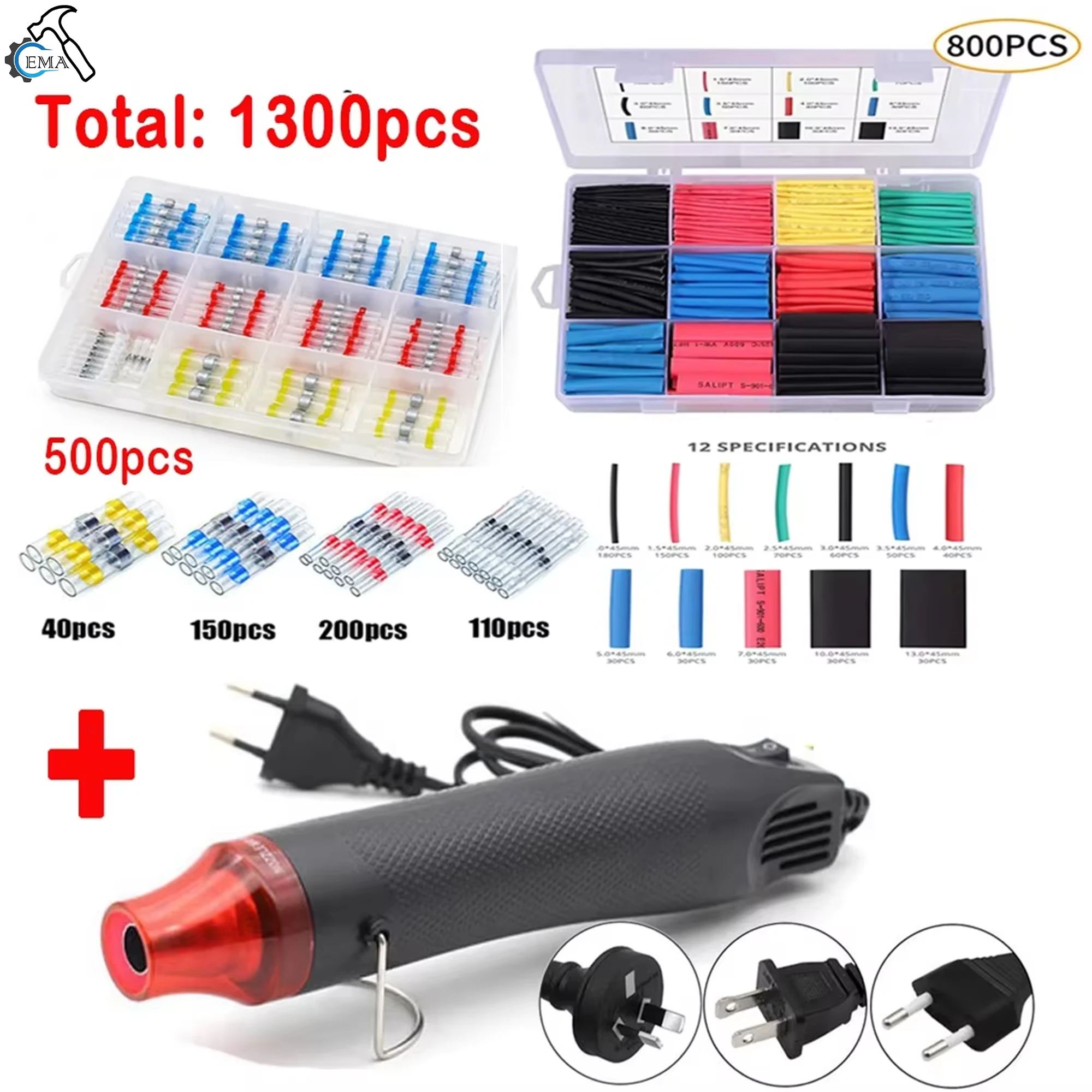 

900/1100/1300PCS Waterproof Heat Shrink Butt Crimp Terminals Solder Seal Electrical Wire Cable Splice Terminal Kit with Heater