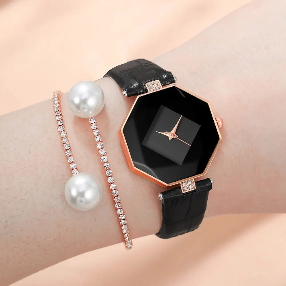 2pcs White Simple Watch Rhinestone Pearl Bracelet For Women Personality Irregularly Quartz Watch Bracelet Set