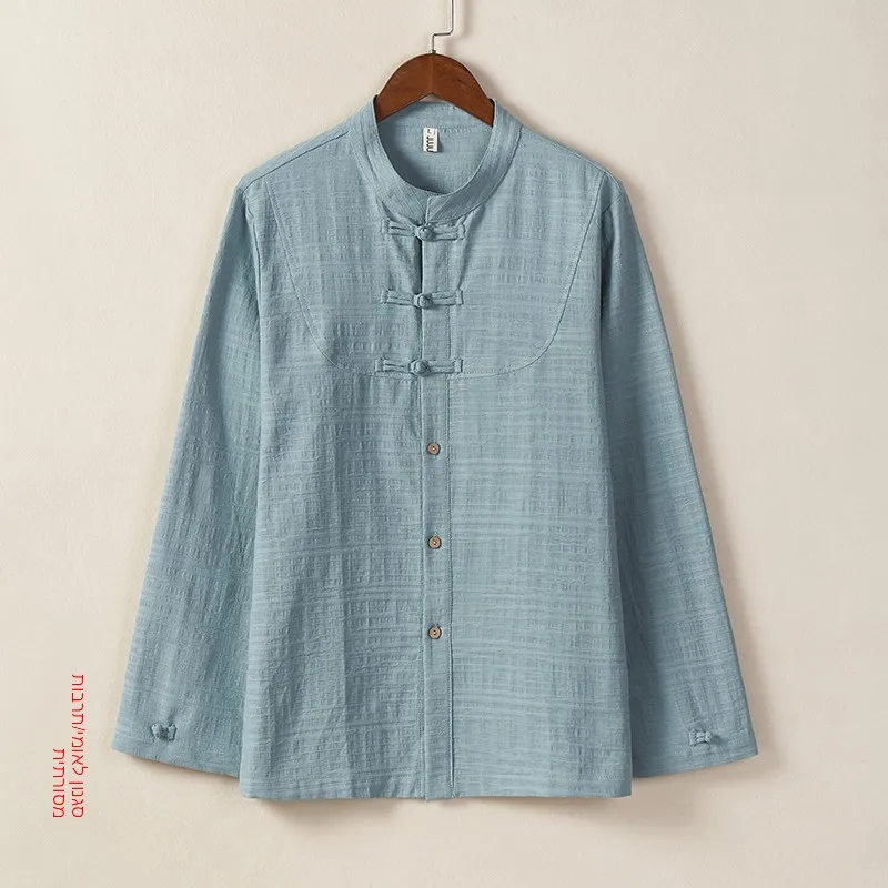 New Chinese Style Men's Long Sleeve Shirt Stand Collar Embroidered Cotton Linen Spring Vintage Casual Fashion City Outfit