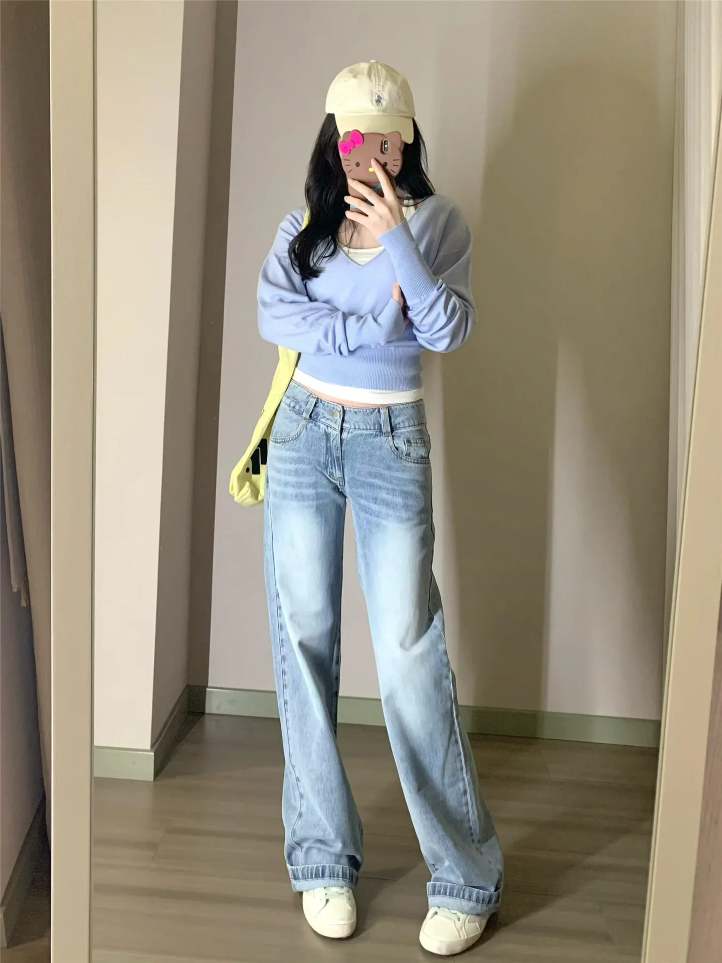 

Женские джинсы с низкой посадкой, прямые, светло-голубые, из денима, весна-лето, свободные, струящиеся, с эффектом потертости, широкие штанины, повседневные, хлопковые