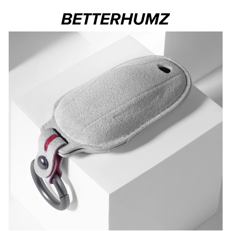 BETTERHUMZ Alcantara Wrap Car Reomte Key Case Shell Cover For Tesla Model 3 Model Y 2017-2021 KeyChains Keyring Auto Accessories