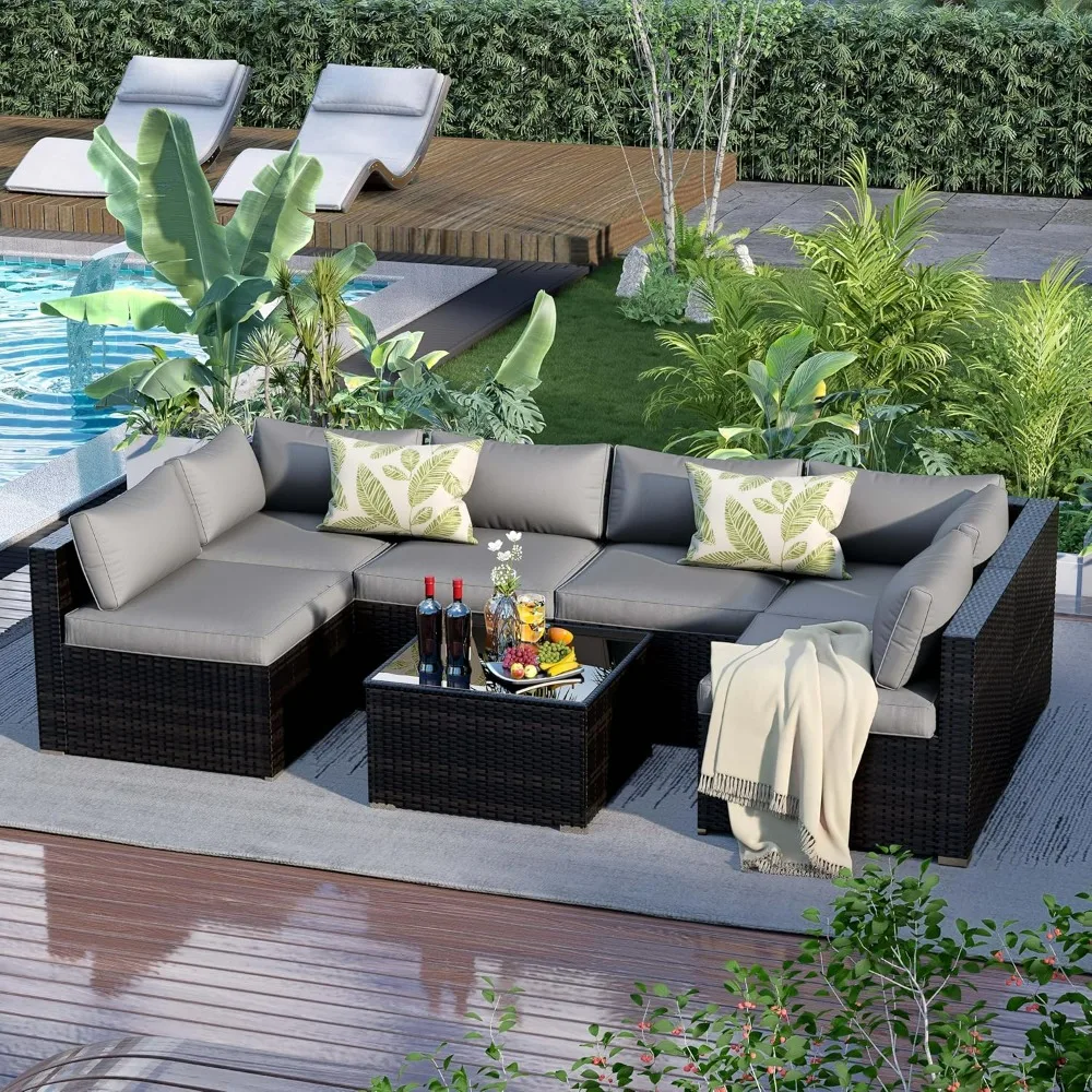 

7 Pieces Patio Furniture Set - Outdoor Sectional Wicker Rattan Furniture Glass Table Patio Conversation Sets Set Modular Sofa