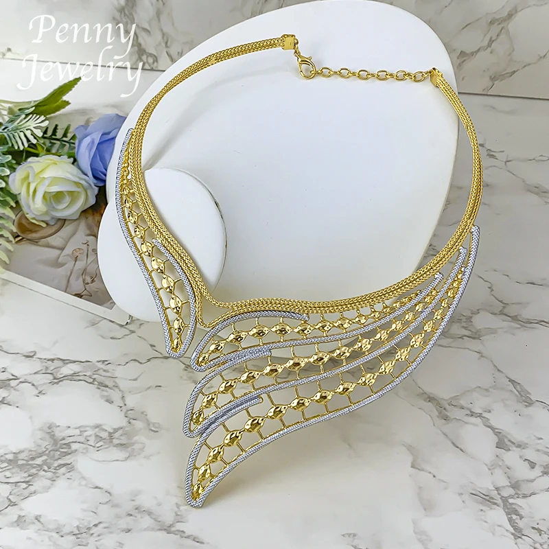 Geometric Two Tones Collar 4Pcs Jewelry Set for Women Chunky Necklace Drop Earrings Bracelet Ring Bridal Wedding Party Gifts