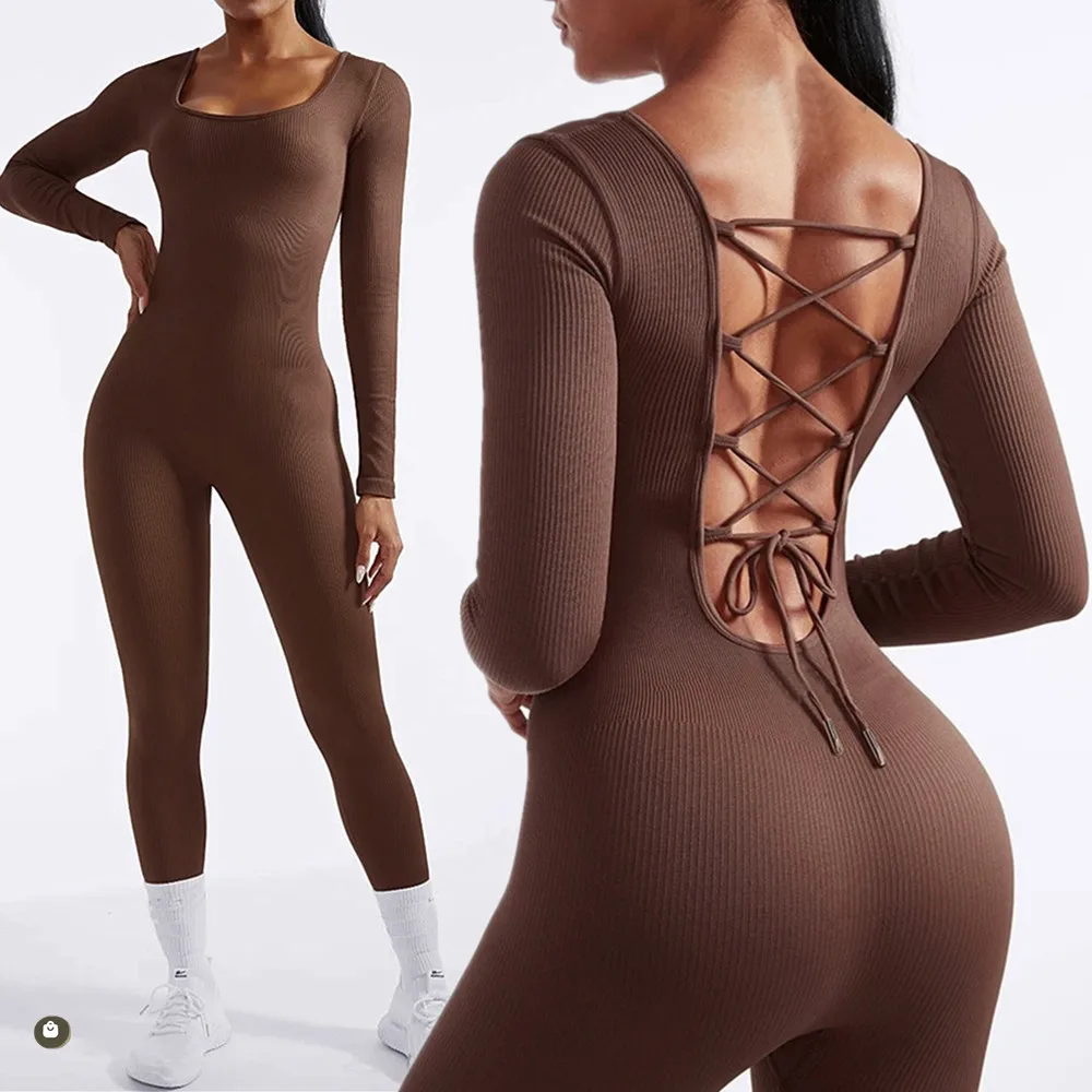 New Bandage Women One Piece Jumpsuit Long Sleeve Tops Sportwear Gym Legging Cycling Body Building Bodysuit Female Activewear