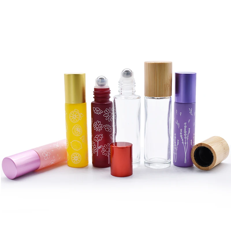 5ml 10ml 15ml Skin Care Packaging Printed Essential Oil Roll on Glass Bottle with Bamboo Cap Engraving Custom