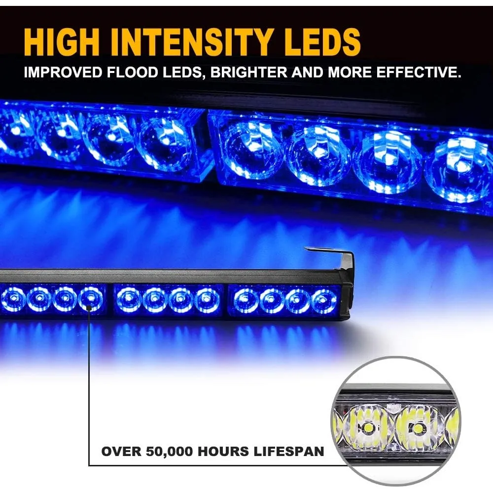 24 LED Blue 27'' 13 Modes Emergency Warning Traffic Advisor Vehicle LED Strobe Light Bar with Large Suction Cups and Cigarette L