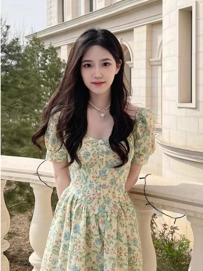 French design sense niche square neck bubble sleeves floral princess skirt summer slimming temperament versatile dress for TIHY