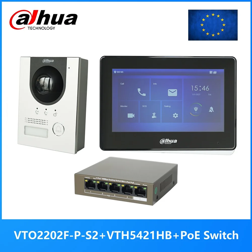 Dahua Multi-Language IP Video Intercom KIT,VTO2202F-P-S2 & VTH5421HB & PoE switch