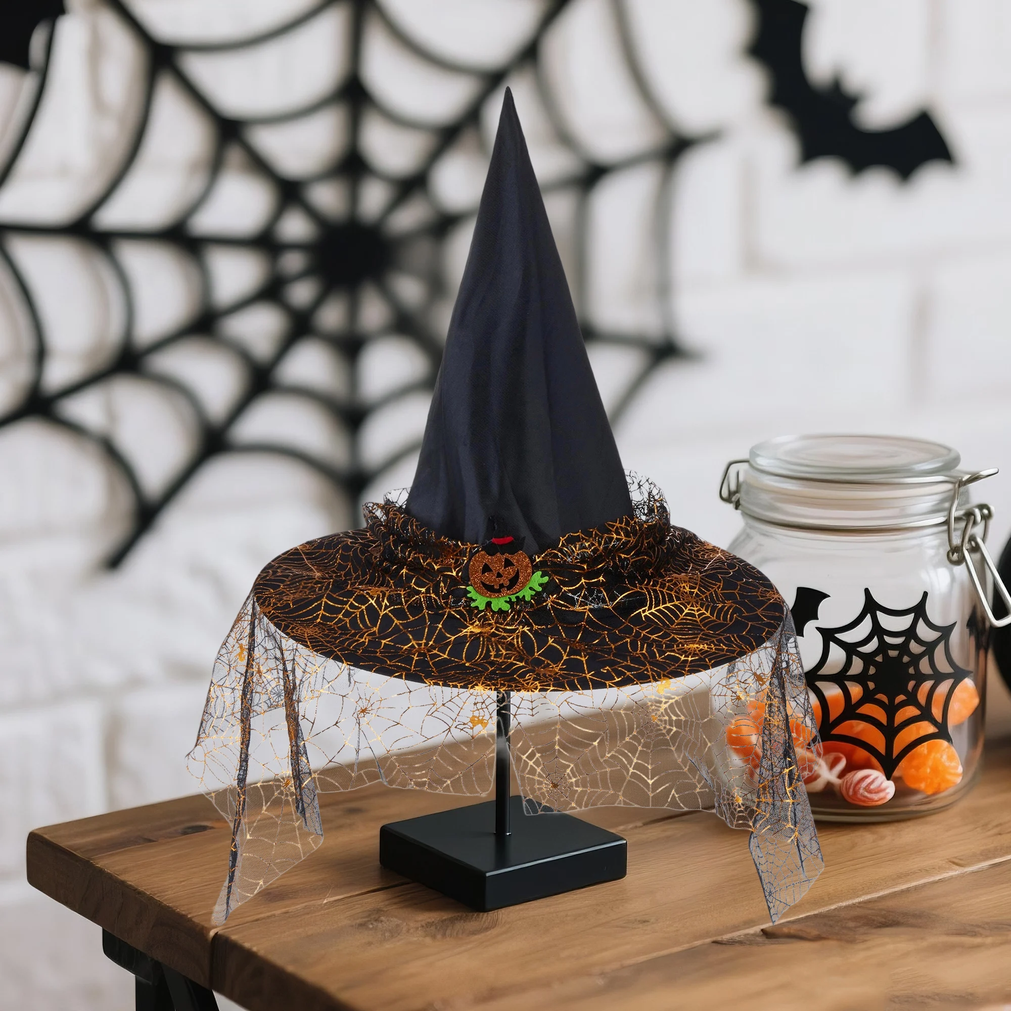 

Black Pointed Witch Hat with Veil for Women Halloween Costume Accessory Headpiece for Cosplay Party Dress Up and Trick or