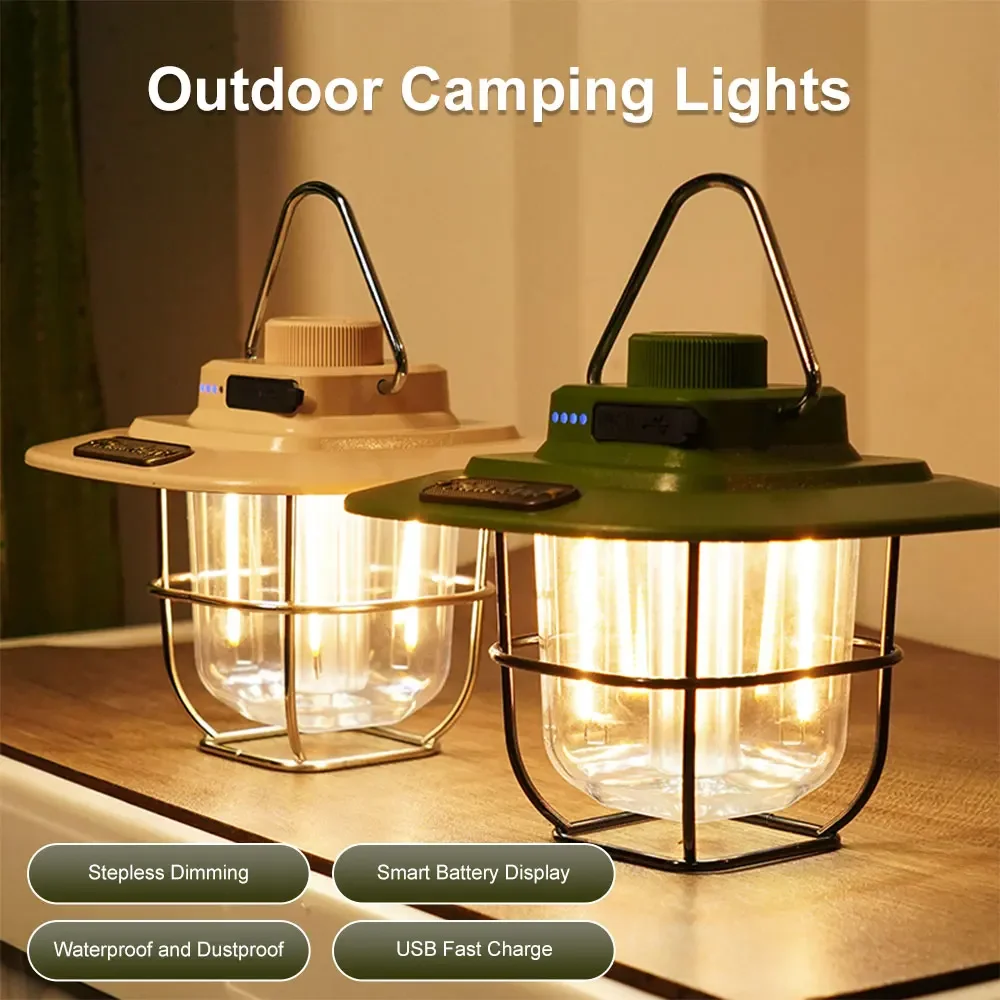 Mini lanterne sospese in metallo Vintage 2000mAh lampada da campeggio portatile USB ricaricabile impermeabile lampada da giardino per esterni luce