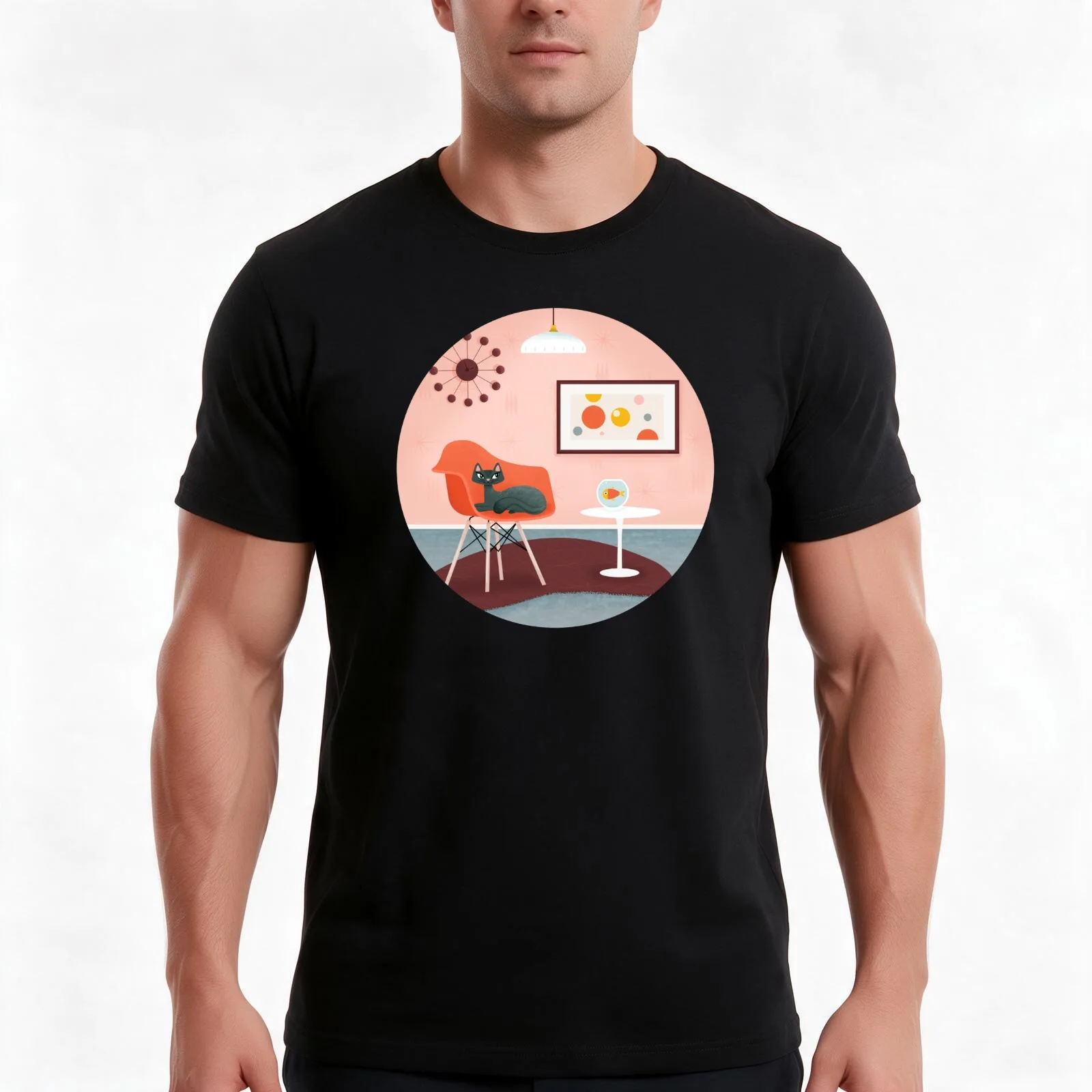 Midcentury Coral Decor With Black Cat And Gold Fish T-Shirt Summer Casual Cotton Tee Oversized Streetwear Tops 100% Cotton