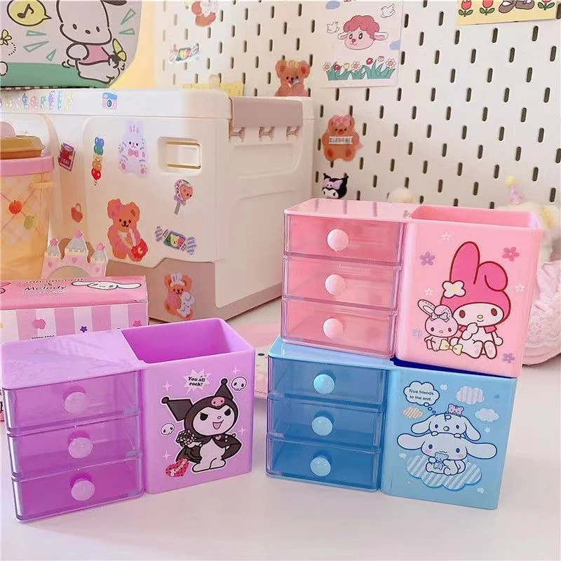 Caixa com Gaveta Kawaii Sanrio, Porta-canetas, Organizador com Grades, Grande Capacidade, Escritório, Meninas, Kuromi, My Melody, Estudante, Mesa