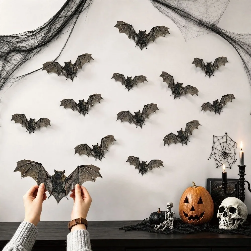12Pcs Waterproof PVC 3D Bat Wall Stickers Double-sided Printing Reusable Bat Wall Decals Realistic 3D Texture Easy to Paste