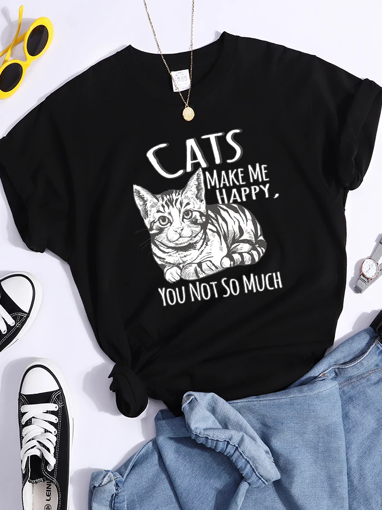 Cats Make Me Happy,You Not So Much Cartoons T-Shirt Women Summer O-Neck T Shirts Breathable Cool Crop Top Sport Casual T Shirt