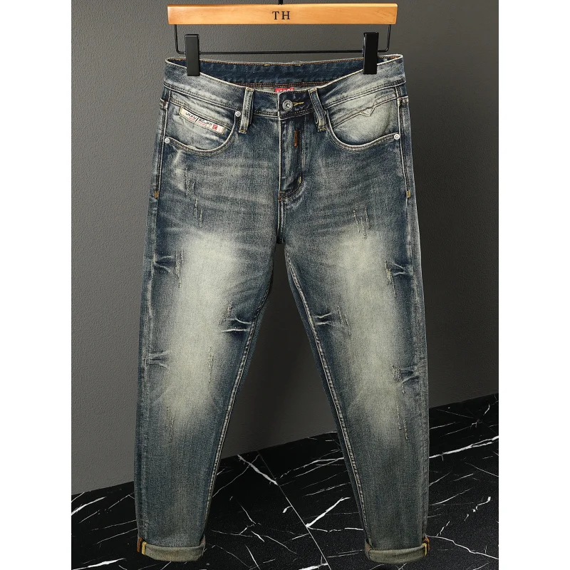 

Street nostalgia retro jeans men's small straight tube fashionable scratch made heavyweight pants
