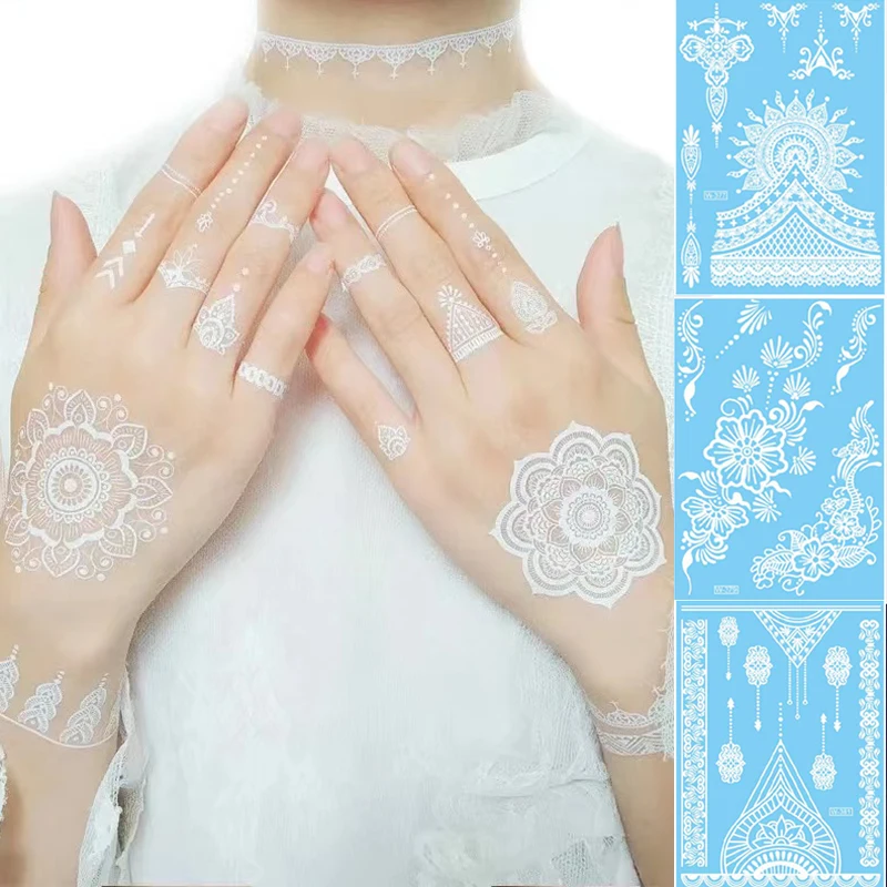 Sexy Mandala Henna Tattoo White Lace Jewelry Indian Hand Temporary Tattoo Sticker Waterproof Tatoo for Bride Wedding Body Art