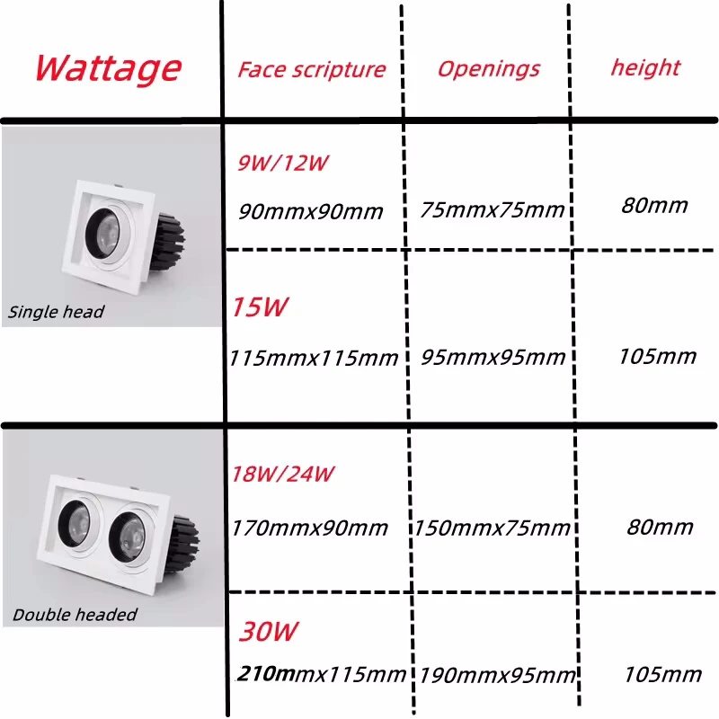 Dimmable embedded LED spotlight single head double head square downlight home 9W12W15W deep anti-glare no main light AC100V-260V