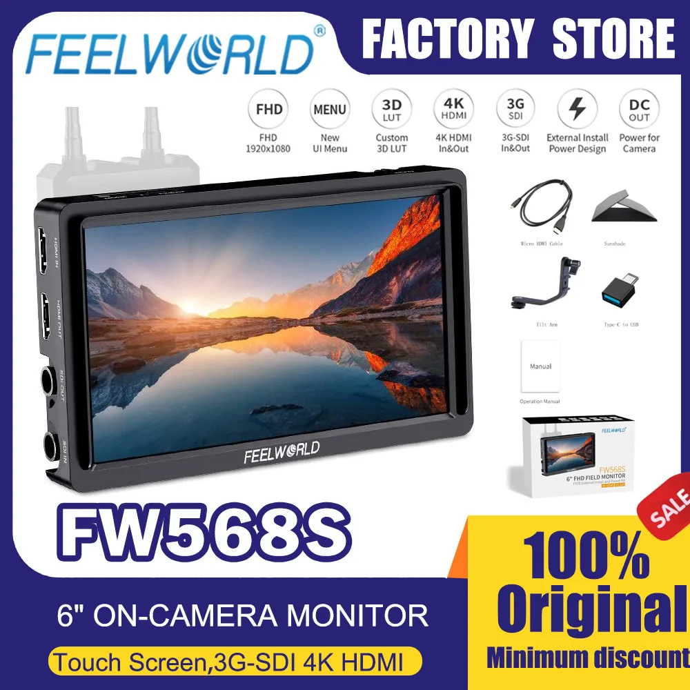 Feelworld fw568s 6 "monitor de campo de transmissão profissional na câmera 4k hdmi 3g-sdi personalizado 3d luta instalação externa design de energia
