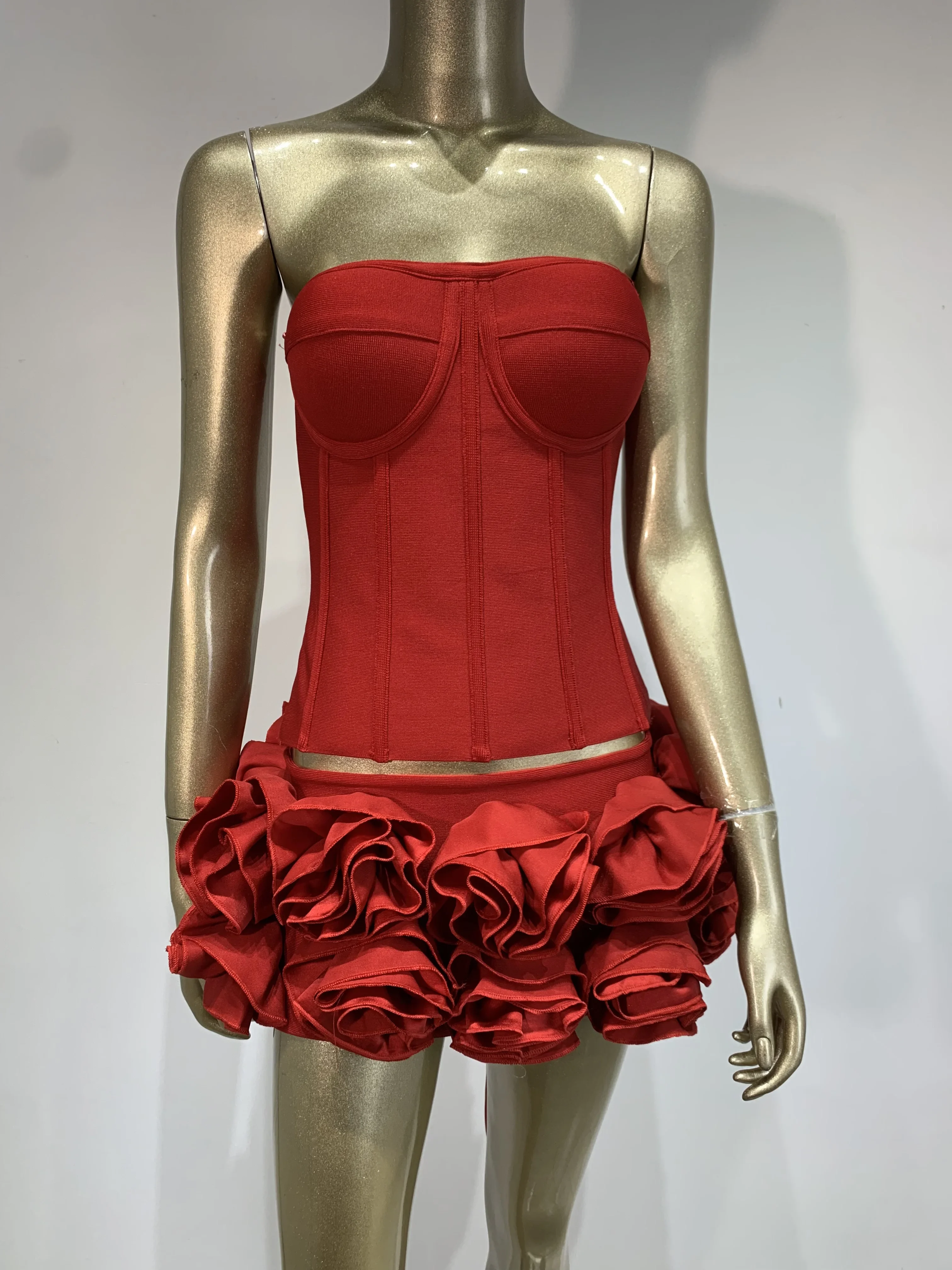 Red Club Outfits for Women Elastic Bandage Strapless Crop Tops and Flowers Mini Short Skirt Two Piece Sets Evening Dress