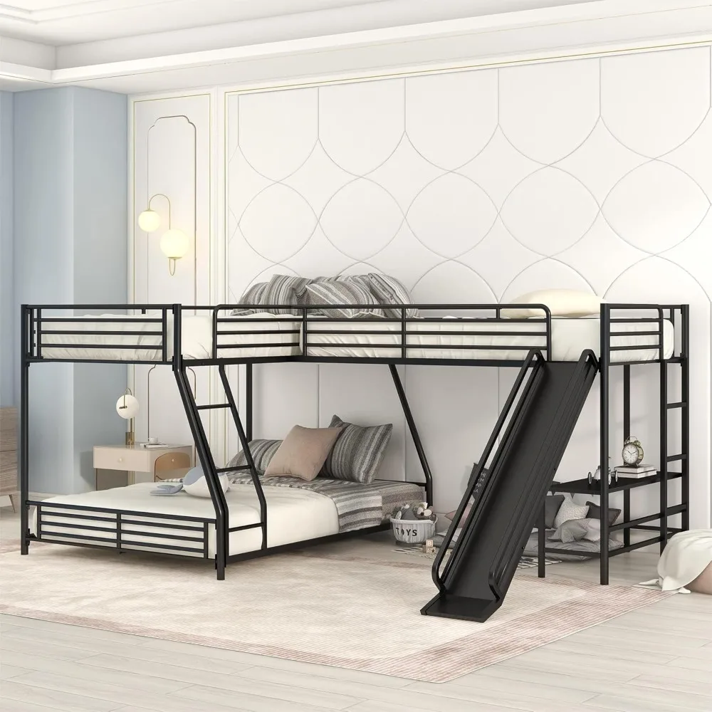 L Shaped Bunk Bed for 3, Twin Over Full Metal Bunk Bed Frame with Size Loft Bed, Built-in Desk and Slide, for Kids Girls Boys