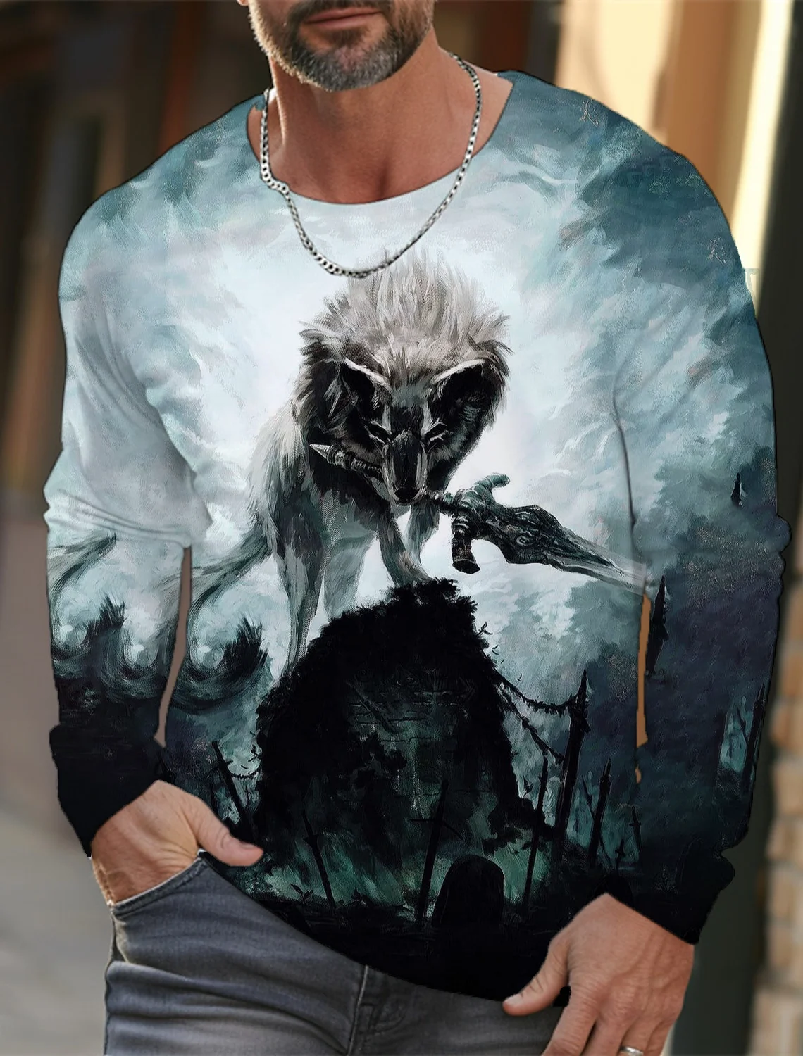 2024 new men\'s long-sleeved t-shirt 3d printed high-definition wolf animal print men\'s autumn tops casual round neck t-shirt