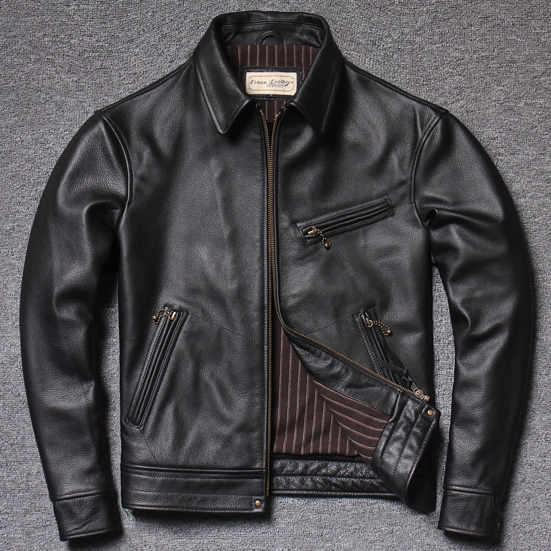 Men's Genuine Leather Jacket Slim Fit Collar Biker Coat Fashionable Urban Style Long Sleeve Short Length Zipper Closure