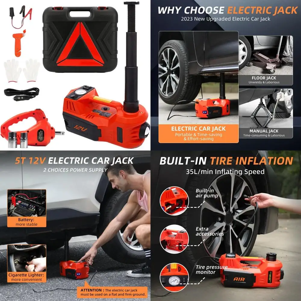 

12V 5-Ton Hydraulic Car Jack Kit with Impact Wrench, Tire Inflator, and LED Light for Roadside Tire Changes