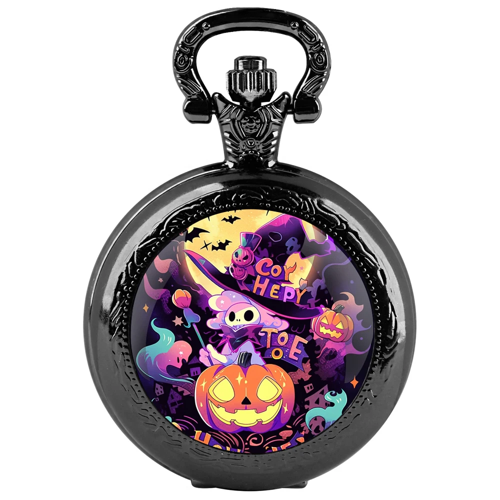 Orologio da tasca al quarzo nero con cupola in vetro a tema Halloween con quadrante con numeri arabi e catena resistente, regalo retrò per uomini e donne