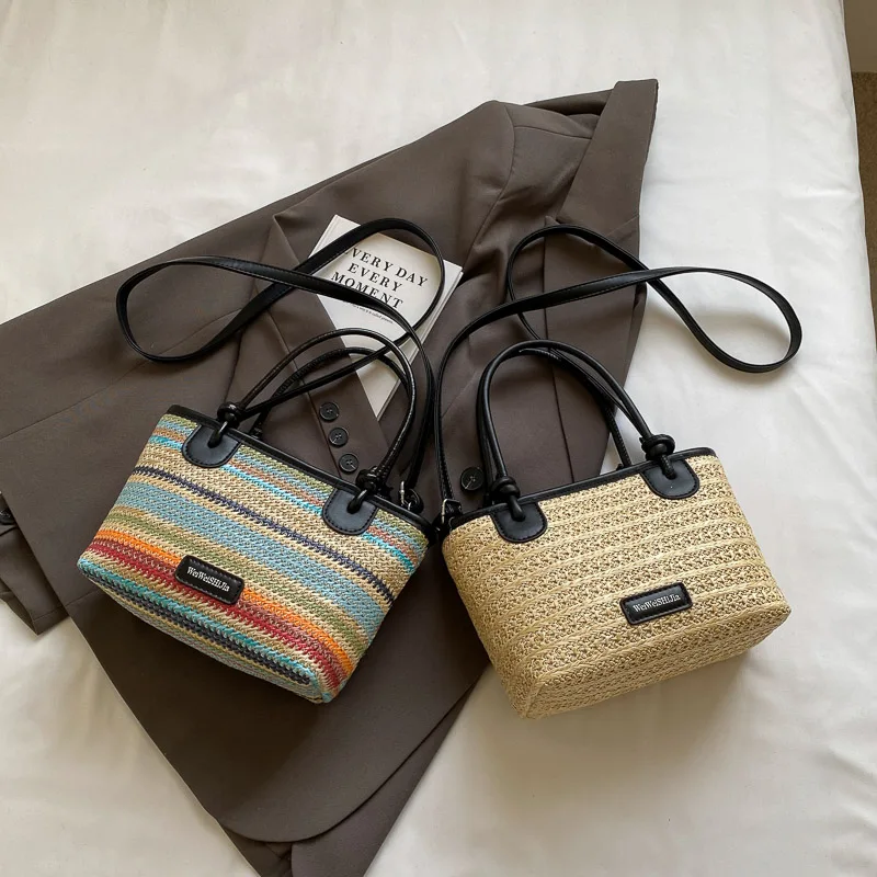 MOODS Straw Woven Design Top-Handle Bags Women Rainbow Color Summer Beach Shoulder Crossbody Bags 2024 Luxury Designer Handbags