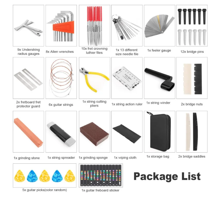 Guitar Repair Tool Kit Set Up Guitar Maintenance Luthier Tool with Guitar Strings/Bridge/Pins/Radius Gauge/ Files 72 Pcs Sets
