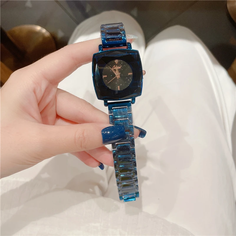 

Модные квадратные женские часы, роскошные женские кварцевые наручные часы с синими кристаллами для дам, Reloj Mujer A233