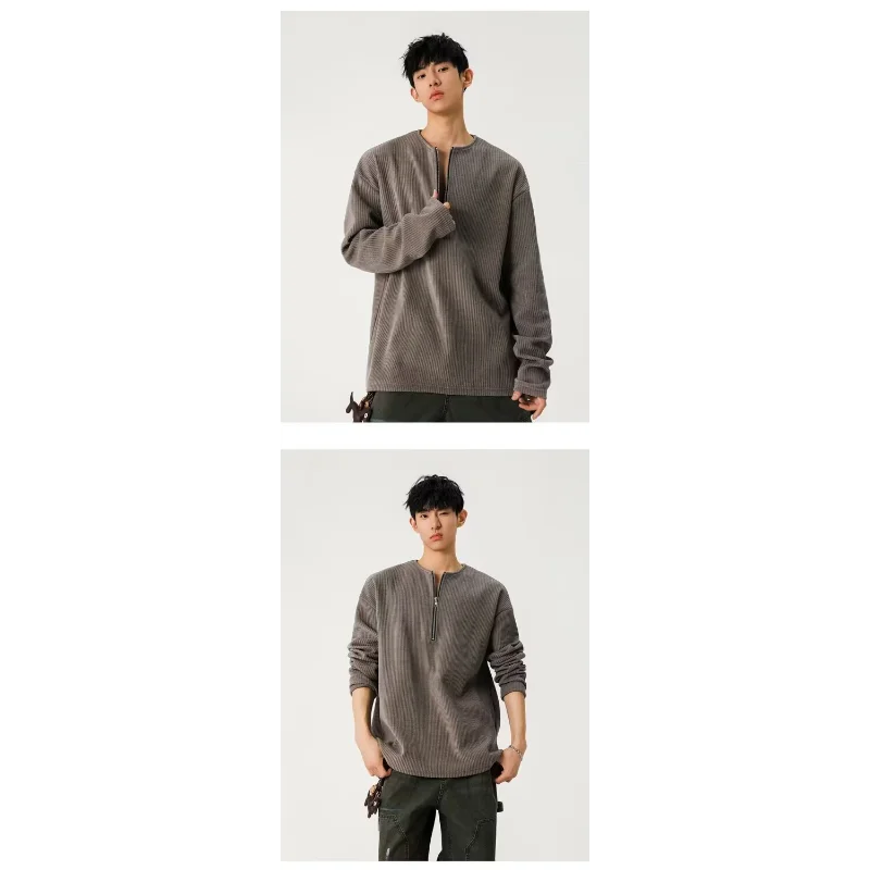 تي شيرت رجالي كاجوال بنصف سحاب وأكمام طويلة من العلامة التجارية الأمريكية الرجعية #5