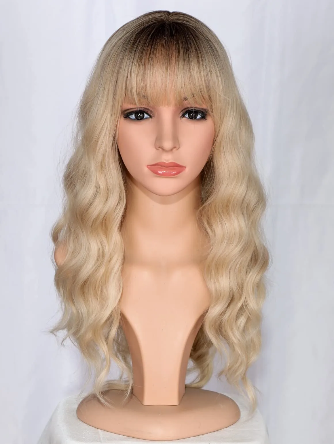 

Medium Long Blonde Wavy Wigs For Women Synthetic Full Hair Wigs With Bangs Fo...