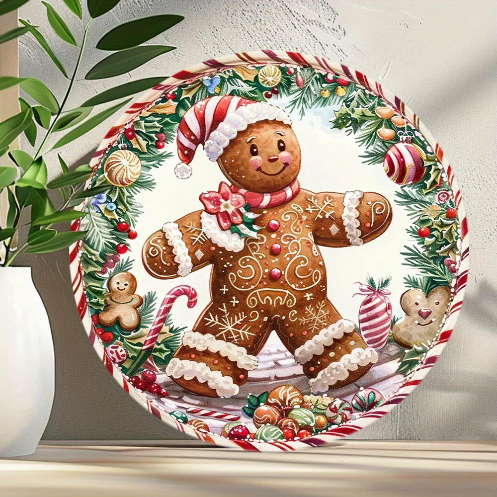 2D Flat Vintage 8x8in Round Aluminum Wall Art Gingerbread Man Decor for Home Coffee Shop Restaurant Christmas Indoor Space