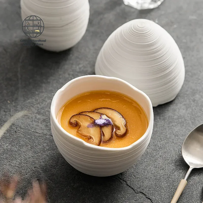 Line pattern ceramic egg cup, health small stew cup, high-end hotel restaurant creative commercial egg-shaped l, steamed egg
