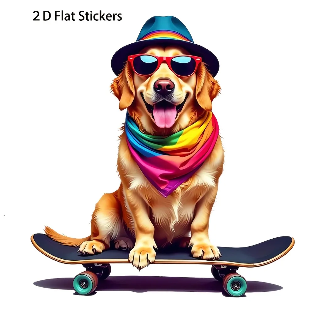 

Skateboard Vinyl Stickers Cartoon Golden Retriever with a Rainbow Scarf And Stylish Glasses Self Adhesive Glossy Decals