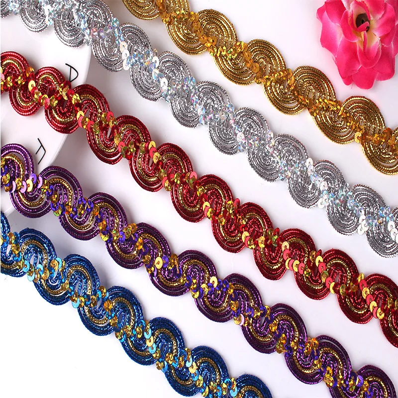 5/10Yards 22mm Wide Curve Wavy Sequins Lace Trim Ribbon For Stage Performance Party Cosplay Wedding Clothes DIY Accessories