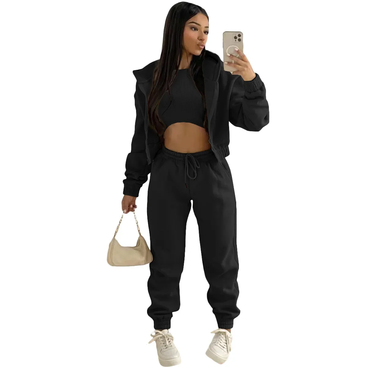 custom women's clothing plain winter hoodie joggers pants 3 piece pants set training wear womens sweatpants and hoodie sets