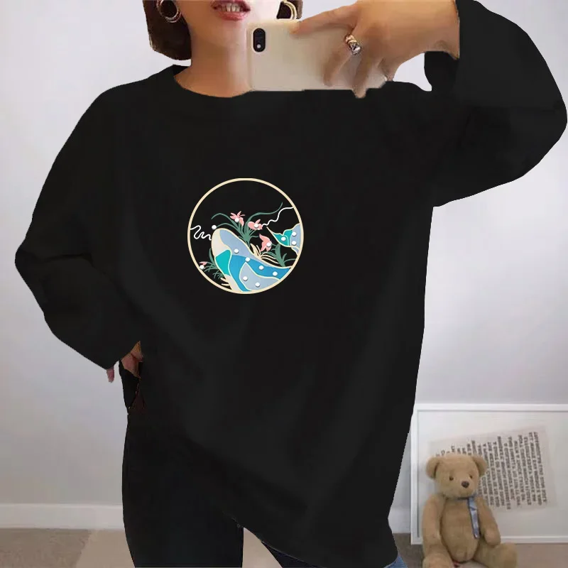 

2025 Autumn New Chic Printed Casual Pure Cotton T-shirt Women O-neck Pullovers Vintage Preppy Style Tops